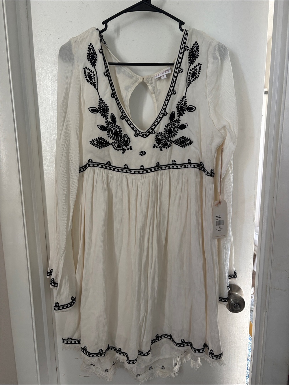 Shyanne Ivory Long Sleeve Boho Embroidered V-Neck Mini Dress with Black Detail